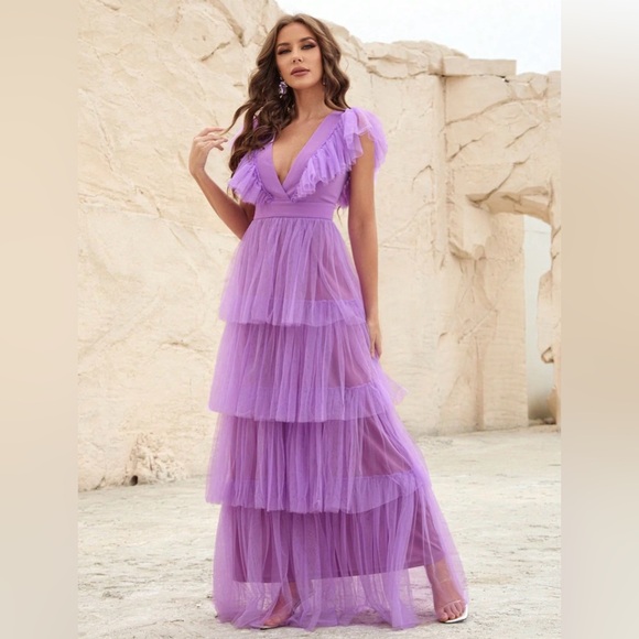 Faeriesty Plunging Neck Backless Ruffle Trim A Line Dress, Lavender- size XS - Picture 10 of 13